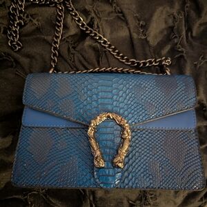 Blue Python-Embossed Chain Shoulder Bag